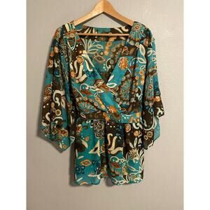 Boho Top Womens 2X Turquoise Brown Paisley Kimono Sleeve Babydoll Belted Y2K